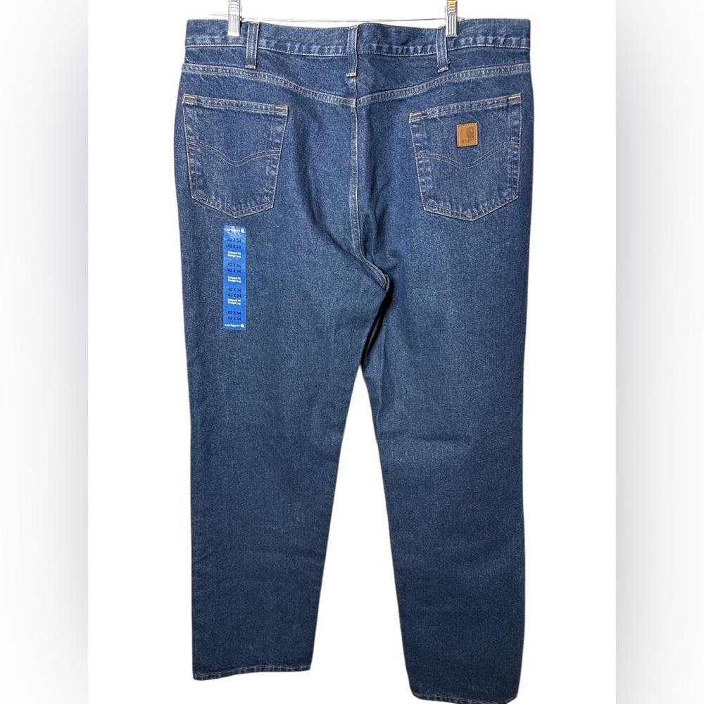 NWT Carhartt Relaxed Fit Straight Leg Denim Jeans Mens 42X34 Dark Blue Workwear - Picture 2 of 11